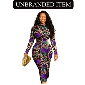 DRESS: Purple Floral w/Green Leaves & Cheetah, High Neck, & Long Sleeves, NWOT